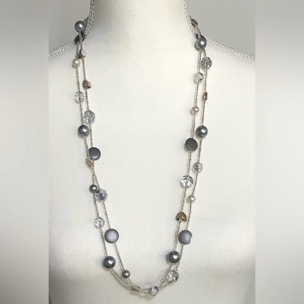 Long Wrap Crystal Clear Gray Pearl Beaded Necklace Boho Eclectic Feminine